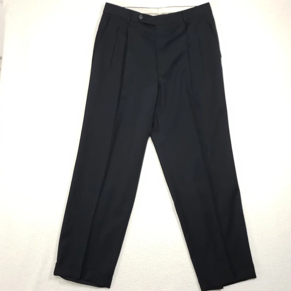 Ballin Elan Dress Pants Mens 34 Black Pure Wool Pleated Cuffed Made in Canada